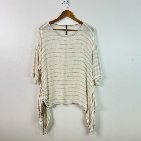 IC By Connie K Beige Striped Linen Blend Asymmetrical Blouse Womens Size M Artsy - Picture 1 of 12